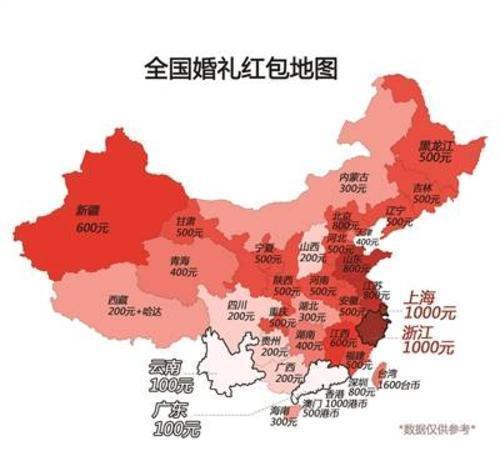 2018全國婚禮紅包地圖：浙江上海最大，廣東云南最小