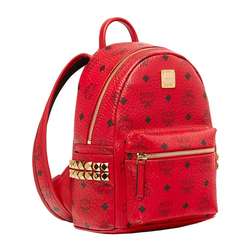 MCM/MCM STARK BACKPACK系列品牌標志圖案金屬鉚釘裝飾紅色PVC涂層里襯小牛皮女士迷你雙肩包#MMK6AVE41 RU001