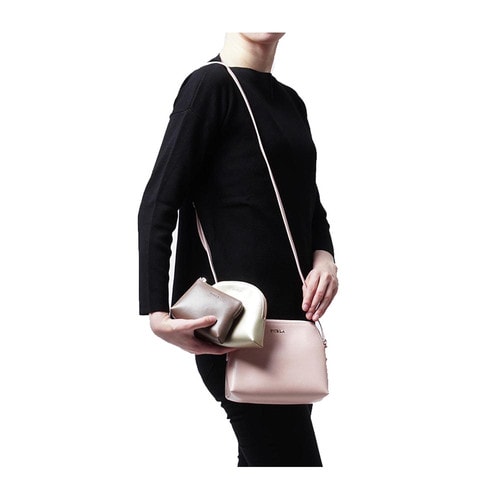 FURLA/芙拉 ISABELLE 系列 真皮 化妝包 粉色+銀色+卡其色