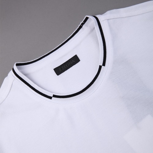 ERMENEGILDO ZEGNA/杰尼亞白色純棉條紋領(lǐng)邊男士T恤（短袖）,VI340 N00,XL