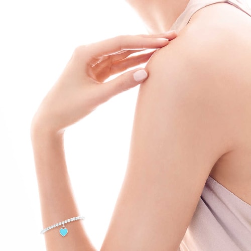 Tiffany & Co./蒂芙尼 女式純銀藍色心形小珠Bead琺瑯手鏈 7英寸 TGRP03577