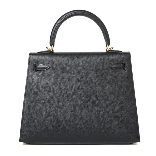 HERMES(愛馬仕) 黑色皮質金扣外縫兩用包Kelly25