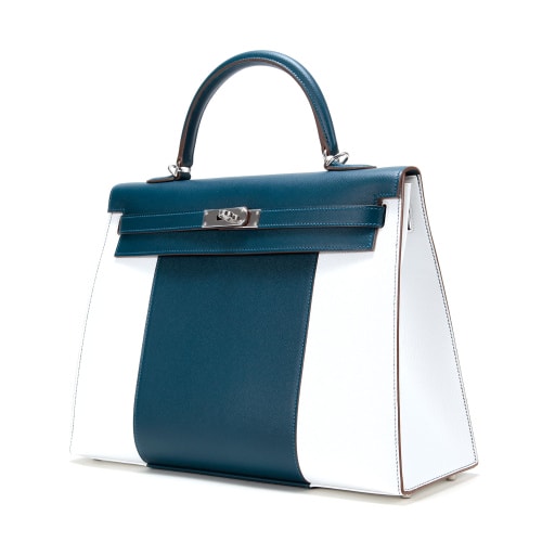 HERMES(愛馬仕) 藍白拼色皮質Kelly 35兩用包