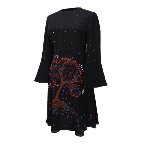 Valentino/華倫天奴 16年秋冬款黑色圓領桑蠶絲許愿樹圖案長袖連衣裙 LB3VA8Z12P0 0NO