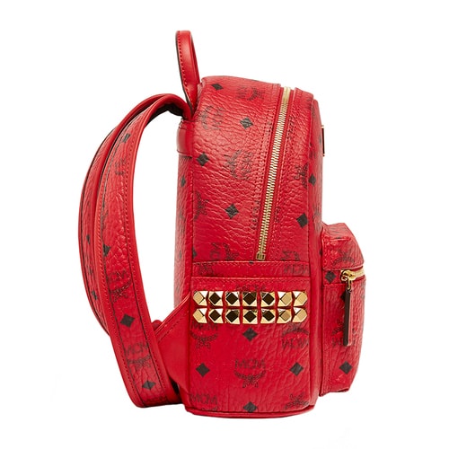 MCM/MCM STARK BACKPACK系列品牌標志圖案金屬鉚釘裝飾紅色PVC涂層里襯小牛皮女士迷你雙肩包#MMK6AVE41 RU001