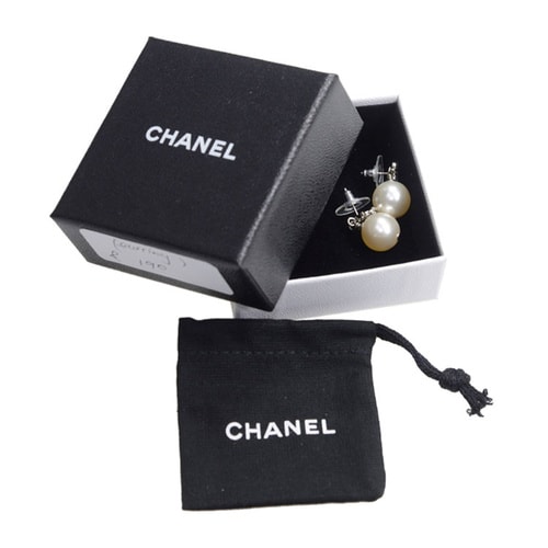 CHANEL/香奈兒 銀色水鑽小雙C吊珠耳釘