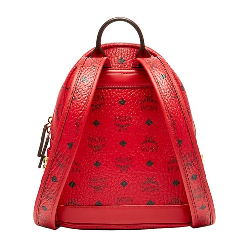 MCM/MCM STARK BACKPACK系列品牌標志圖案金屬鉚釘裝飾紅色PVC涂層里襯小牛皮女士迷你雙肩包#MMK6AVE41 RU001