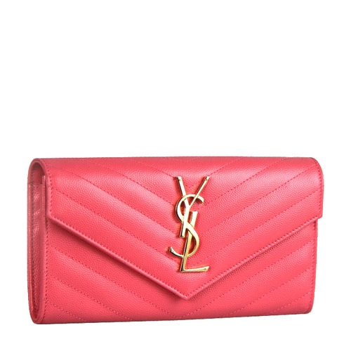 Yves saint Laurent/圣羅蘭 金屬logo標粉色牛皮斜紋女士長款錢包 #372264 BOW01 6618