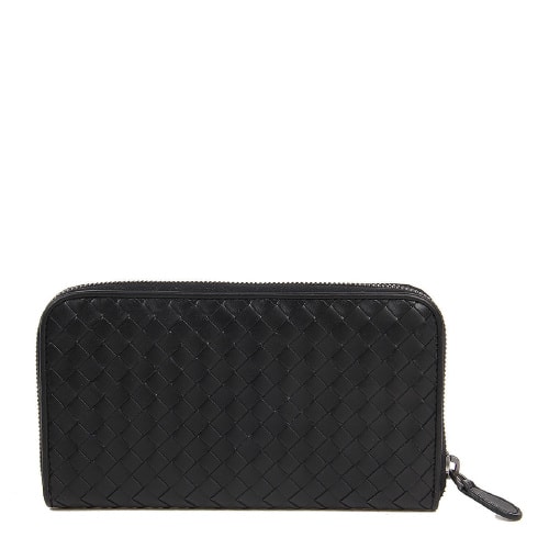 Bottega Veneta/葆蝶家 經(jīng)典款黑色牛皮男士編織長(zhǎng)款拉鏈錢(qián)包
