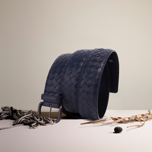 Bottega Veneta/葆蝶家 男士牛皮深藍(lán)色編織腰帶/173784 V4650 4013