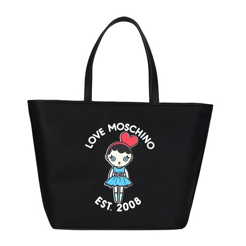 LOVE MOSCHINO/莫斯奇諾 女士印花女孩尼龍購物單肩包 JC4259PP01 黑色