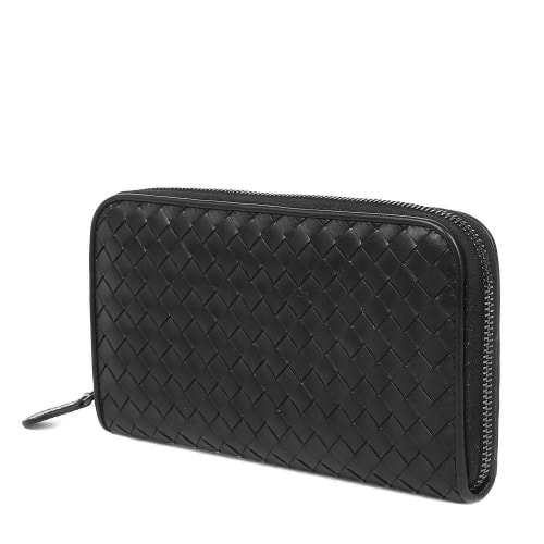 Bottega Veneta/葆蝶家 經(jīng)典款黑色牛皮男士編織長(zhǎng)款拉鏈錢(qián)包