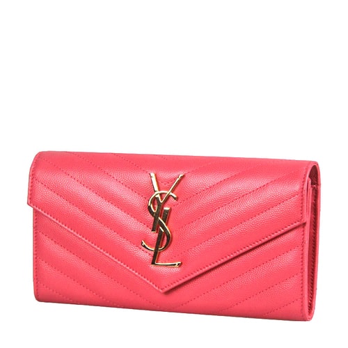 Yves saint Laurent/圣羅蘭 金屬logo標粉色牛皮斜紋女士長款錢包 #372264 BOW01 6618