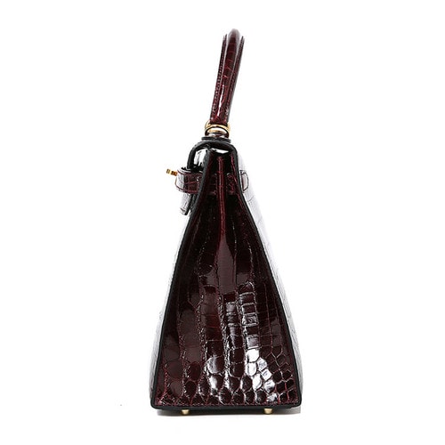 HERMES(愛馬仕) 酒紅色兩點(diǎn)鱷魚皮金扣外縫兩用包Kelly28