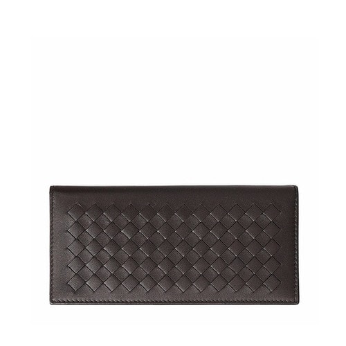 Bottega Veneta/葆蝶家 黑色編織羊皮男士長款對折錢夾 390878