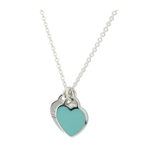 Tiffany & Co./蒂芙尼 925純銀藍色時尚雙心琺瑯項鏈