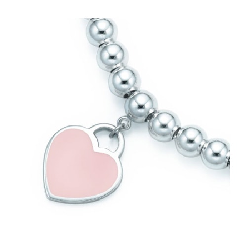 Tiffany & Co./蒂芙尼 女式純銀粉色心形小珠Bead琺瑯手鏈 6.5英寸 TGRP03577