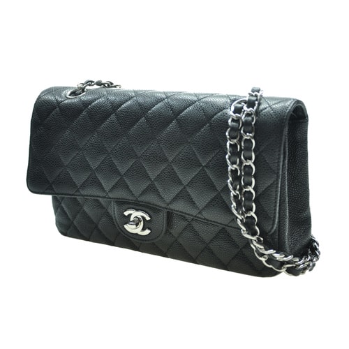 CHANEL/香奈兒 女士經典款CF中號、黑色牛皮、斜挎單肩包