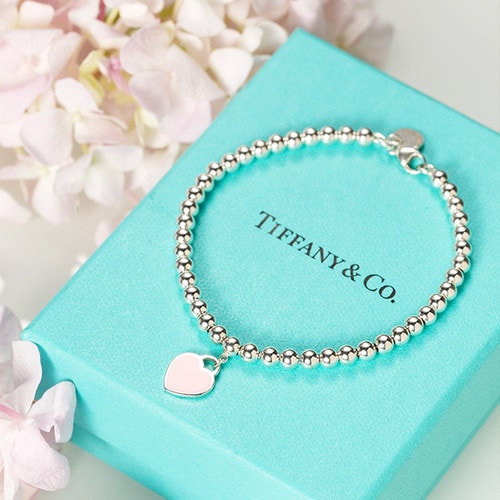 Tiffany & Co./蒂芙尼 女式純銀粉色心形小珠Bead琺瑯手鏈 6.5英寸 TGRP03577