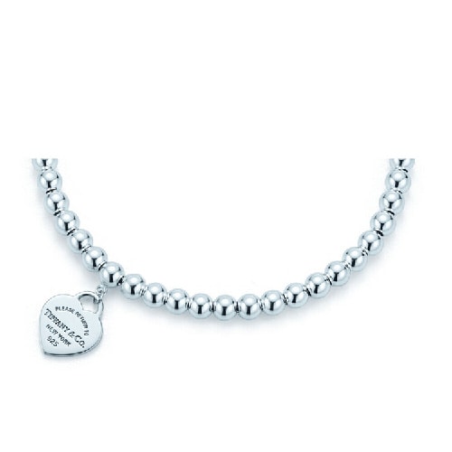 Tiffany & Co./蒂芙尼 女式純銀銀色心形小珠Bead琺瑯手鏈 6.5英寸 TGRP02587