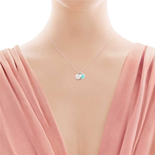 Tiffany & Co./蒂芙尼 女式925純銀藍色時尚雙心琺瑯項鏈 18英寸 TBDZ0079