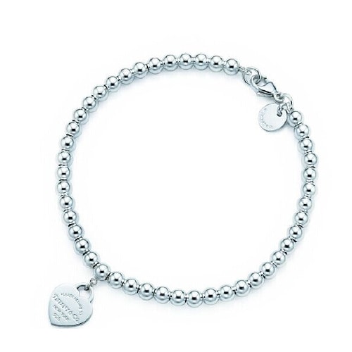 Tiffany & Co./蒂芙尼 女式純銀粉色心形小珠Bead琺瑯手鏈 6.5英寸 TGRP03577